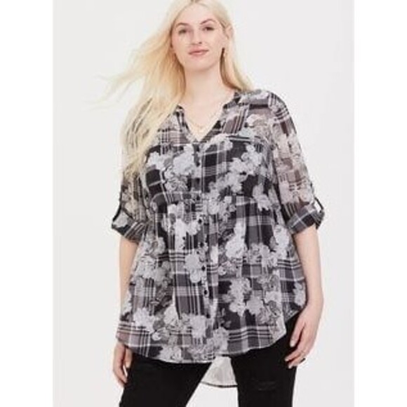 Torrid Emma Sheer Floral Plaid Chiffon Mandarin Collar Tunic Babydoll Blouse 1X - Picture 9 of 10